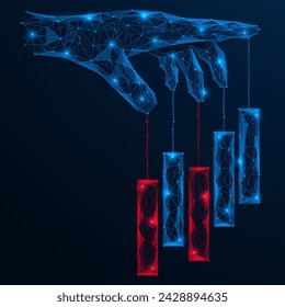 Columns of graphs hanging from the fingers of the hand. Polygonal design of interconnected lines and dots. Blue background.
