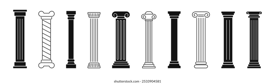 Columns icon set. Ancient column silhouette. Vector illustration.