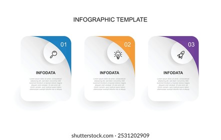 O modelo infográfico de colunas com processo de 3 etapas pode ser usado para fluxo de trabalho, informações comerciais e apresentação 