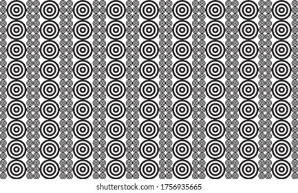 Columns of large concentric circles in black and white next to groups of smaller shapes in a repeating pattern, vector illustration
