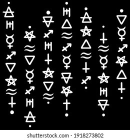 columns of magic white alchemical symbols on a black background