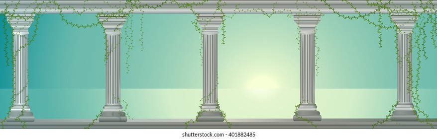 columns and sea sunrise landscape, vector