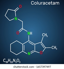 Coluracetam, BCI-540,  C19H23N3O3 molecule. It is is a nootropic agent of the racetam family. Structural chemical formula on the dark blue background. Vector illustration