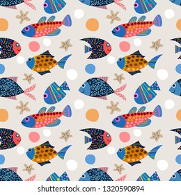 Colurful hand draw fish seamless pattern.