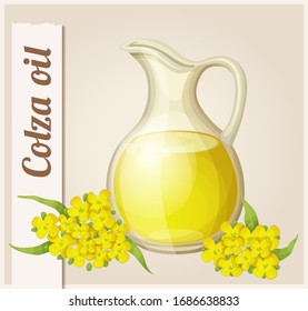 Colza oil vector icon isolated on white background. Bottle of clean rapeseed oil with bunch of flowers leaves cartoon illustration