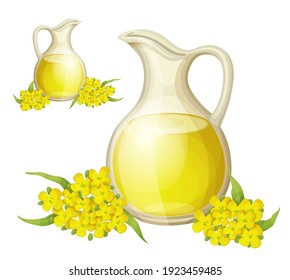 Colza oil vector icon isolated on white background. Bottle of clean rapeseed oil with bunch of flowers leaves cartoon illustration