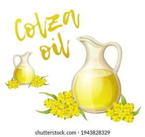 Colza oil vector icon isolated on white background. Bottle of clean rapeseed oil with bunch of flowers leaves cartoon illustration