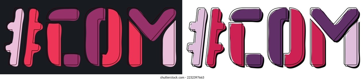 COM Hashtag. Isolate curves doodle letters. Set 2 in 1. Pink, Purple colors. Popular Hashtag #COM for social network, web resources, mobile apps, games. Stock vector picture.