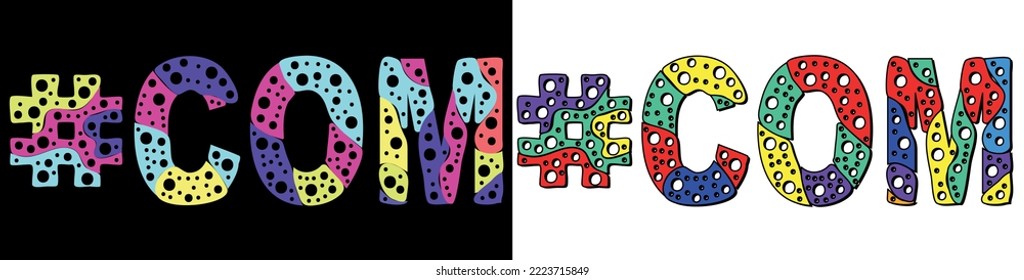 COM Hashtag. Multicolored bright cartoons curves isolated letters, with round holes like bubbles. Trendy popular Hashtag #COM for web resources, social network stories, typography banner, t-shirts.