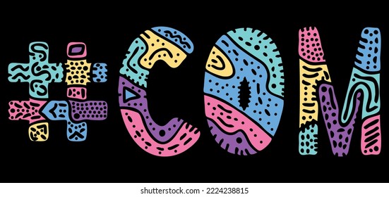 COM Hashtag. Multicolored bright isolate curves doodle letters with ornament. Popular Hashtag #COM for social network, web resources, mobile apps.