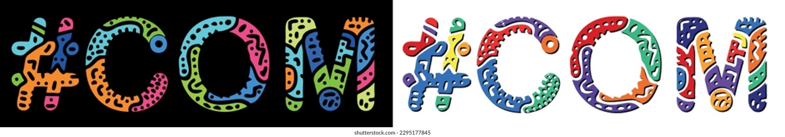 COM Hashtag. Multicolored bright isolate curves doodle letters. Trendy popular Hashtag #COM for print, booklet, banner, flyer. Stock vector.