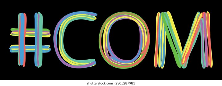 COM Hashtag. Multicolored bright isolate curves doodle letters like from marker, oil paint. Hashtag #COM for print, booklet, t-shirt, social network, typography, mobile app. Stock vector