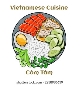 Com Tam Suon vietnamese food: Delicious broken rice with egg pie and BBQ pork chop.  Isolated vector illustration. 