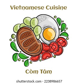 Com Tam Suon vietnamese food: Delicious broken rice with egg pie and BBQ pork chop.  Isolated vector illustration. 