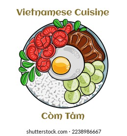 Com Tam Suon vietnamese food: Delicious broken rice with egg pie and BBQ pork chop.  Isolated vector illustration. 