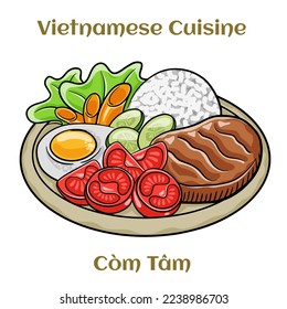 Com Tam Suon vietnamese food: Delicious broken rice with egg pie and BBQ pork chop.  Isolated vector illustration. 