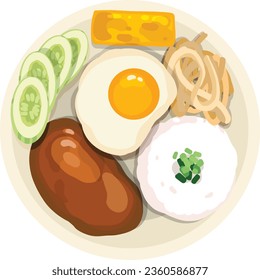 Com Tam Vietnamese Broken Rice. Top View Vietnamese Food Illustration Vector.