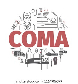 Coma banner. Hospital bed. Infographic line icons. Vector