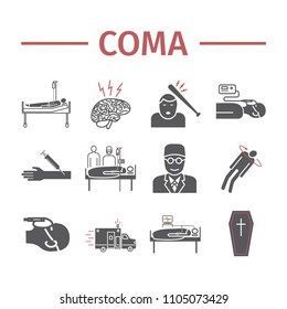 Coma icons set. Hospital bed. Infographic signs. Vector