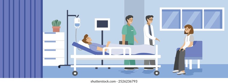 Coma patient. Doctor and nurse checking patient in hospital room. Doctor talking about patient condition. Hospital room. Patient laying in the hospital bed. Hospital ward. 