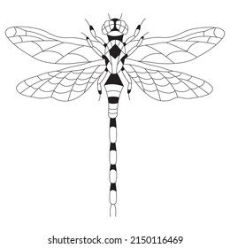 Comanche dragonfly silhouette from above in black and white. The design is suitable for decoration, painting, exhibition, tattoo, logo, banner, flyer, poster, clothing printing. Isolated vector