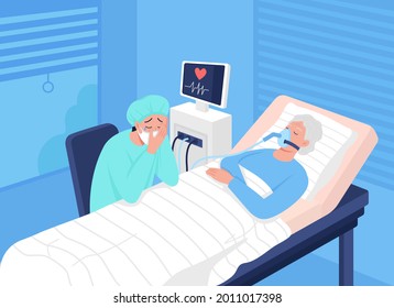 Comatose patient in intensive care unit flat color vector illustration. Care for patient with covid. Visiting dying sick person 2D cartoon characters with hospital environment on background