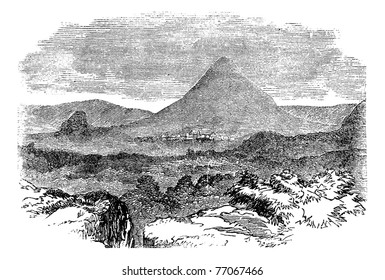 Comayagua, in Honduras, during the 1890s, vintage engraving. Old engraved illustration of Comayagua showing city and mountain. Trousset Encyclopedia