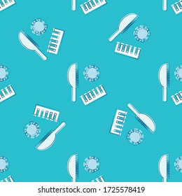 Comb, brush coronavirus vector seamless pattern background. Bright monochrome blue hairdressing tools sketch Covid 19 backdrop. All over print for quarantine, self isolation hair care concept, web use