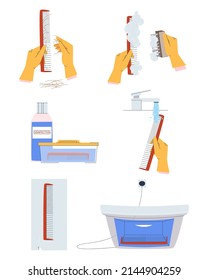 Procedimiento de desinfección por comas en la peluquería después de cada cliente. Tratamiento antifúngico de una herramienta de peluquería sobre el ejemplo de un peine. Ilustración vectorial plana. Eps10