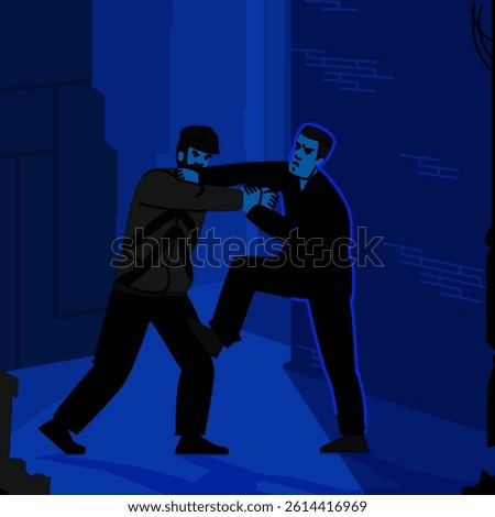 comb fight at night vector. conflict duel, fracas scuffle, skirmish struggle comb fight at night character. people flat cartoon illustration