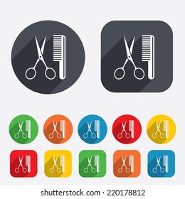 Comb hair with scissors sign icon. Barber symbol. Circles and rounded squares 12 buttons. Vector