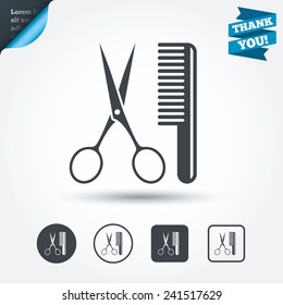 Comb hair with scissors sign icon. Barber symbol. Circle and square buttons. Flat design set. Thank you ribbon. Vector