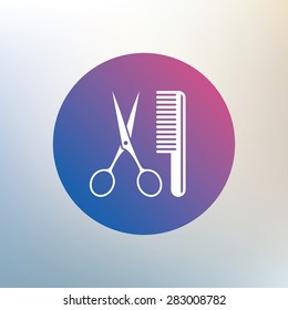 Comb hair with scissors sign icon. Barber symbol. Icon on blurred background. Vector