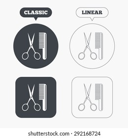 Comb hair with scissors sign icon. Barber symbol. Classic and line web buttons. Circles and squares. Vector
