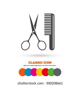 Comb hair with scissors sign icon. Barber symbol. Classic flat icon. Colored circles. Vector