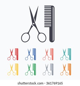 Comb hair with scissors sign icon. Barber symbol. Colored flat icons on white background.