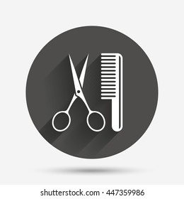 Comb hair with scissors sign icon. Barber symbol. Circle flat button with shadow. Vector