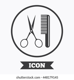 Comb hair with scissors sign icon. Barber symbol. Graphic design element. Flat symbol in circle button. Vector