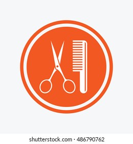 Comb hair with scissors sign icon. Barber symbol. Graphic design element. Flat hairdresser symbol on the round button. Vector