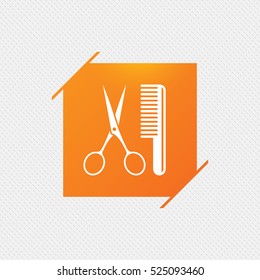Comb hair with scissors sign icon. Barber symbol. Orange square label on pattern. Vector