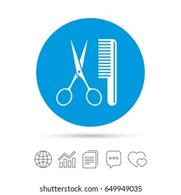 Comb hair with scissors sign icon. Barber symbol. Copy files, chat speech bubble and chart web icons. Vector