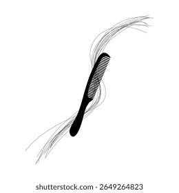Comb hair strands. Grooming tool icon. Fallen hair illustration. Vector hygiene symbol.