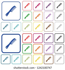 Comb with handle color flat icons in rounded square frames. Thin and thick versions included.