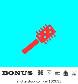 Comb icon flat. Red pictogram on blue background. Vector illustration symbol and bonus buttons Music center, corkscrew, credit card, house, drum