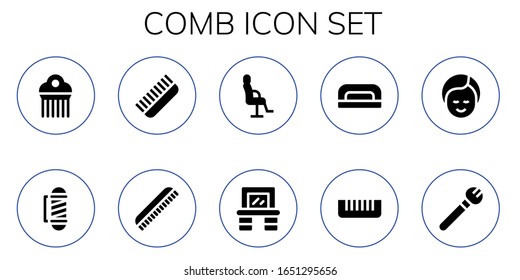 conjunto de iconos de peine. 10 iconos de peine rellenos.  Iconos modernos sencillos, como: Comb, Barber, Silla de salón, Vanity, Secador de uñas, Makeup