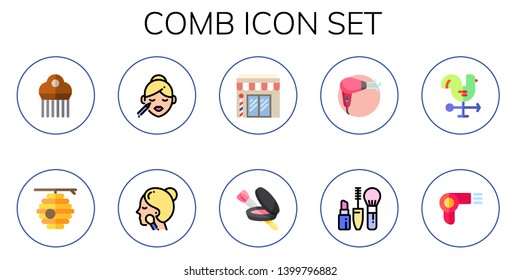 comb icon set. 10 flat comb icons.  Collection Of - beehive, makeup, make up, barbershop, hairdryer, cock