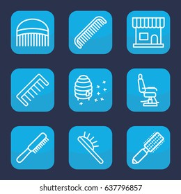 Comb icon. set of 9 outline comb icons such as comb, hair brush, beauty salon, barber chair