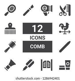 comb icon set. Collection of 12 filled comb icons included Cosmetics, Saloon, Hair straightener, Barber, Nail brush, Comb, Rooster, Makeup, Grooming, Hairdryer