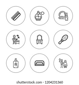 Comb icon set. collection of 9 outline comb icons with barber, beekeeper, comb, dresser, makeup, nail dryer icons. editable icons.