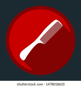 Comb icon. White icon with shadow on round red button at dark cyan background. Illustration.